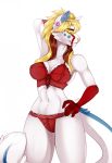  5_fingers anthro blonde_hair bra clothed clothing eyebrows eyes_closed feline female hair kristiana_puff mammal midriff navel panties simple_background solo standing underwear white_background 