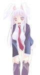  animal_ears blazer blush breasts bunny_ears covered_nipples dressing himizuki_kazusa jacket large_breasts long_hair necktie nipples no_panties open_mouth purple_hair red_eyes red_neckwear reisen_udongein_inaba shirt solo thighhighs touhou 