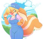  &lt;3 &lt;3_eyes 2018 blonde_hair breasts clothing cloud day female green_eyes hair hat headgear headwear hybrid lagomorph leporid luniquekero mammal mephitid outside overalls rabbit red_nose skunk smile solo 