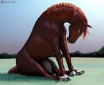  2020 big_teats bodily_fluids conditional_dnp detailed_background digital_drawing_(artwork) digital_media_(artwork) equid equine eyelashes female femrain feral grass hooves horse lactating looking_down mammal mercurial64 milk outside rainstorm sitting solo teats text 