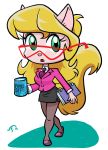  anthro binder blonde_hair bottomwear callie_briggs clothing coffee_mug domestic_cat eyewear felid feline felis female glasses green_eyes hair hanna-barbera legwear mammal necktie pantyhose skirt solo suit swat_kats unknown_artist 