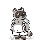  1:1 2020 animal_crossing anthro belly bottomwear canid canine clothed clothing hi_res male mammal navel nintendo nipples open_shirt overweight overweight_male raccoon_dog shirt shorts simple_background solo strawbearer tanuki tom_nook_(animal_crossing) topwear video_games 
