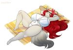 anthro big_breasts bikini breasts canid canine canis clothing female hi_res leila_maddox mammal mature_female relaxing smile solo sun_hat swimwear thick_thighs towel tragicfame wolf 
