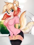  animal_crossing anthro bent_over black_bottomwear black_clothing black_eyes black_legwear black_skirt black_stockings blonde_hair blush bottomwear breasts canid canine canis cleavage clothed clothing detailed_background digital_drawing_(artwork) digital_media_(artwork) domestic_dog eyebrow_through_hair eyebrows eyelashes female fur hair hair_beads hands_behind_back hi_res isabelle_(animal_crossing) legwear looking_at_viewer mammal miniskirt motion_blur motion_lines multicolored_hair nintendo pink_clothing pink_shirt pink_topwear plant pose red_hair shirt shrub skirt smile solo stockings tailwag thigh_highs topwear translucent translucent_hair twiren two_tone_hair video_games yellow_body yellow_fur yellow_tail 