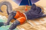  amon-sydonai anthro beach beverage bottomwear clothing dinosaur elaismurnhem_afarman male reptile scalie seaside shorts solo towel umbrella 