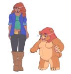  2018 anthro before_and_after bottomwear breasts clothing featureless_breasts featureless_crotch female footwear hair hi_res human human_to_anthro human_to_inanimate looking_at_viewer mammal nude open_mouth pants pawpads plushie red_hair reddishmaroon shirt shoes simple_background smile solo species_transformation standing surprise topwear transformation ursid white_background 