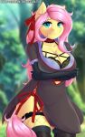  2020 anthro armwear blurred_background breasts cleavage clothed clothing digital_media_(artwork) elbow_gloves equid equine eyebrows eyelashes female fluttershy_(mlp) friendship_is_magic gloves handwear hi_res legwear looking_at_viewer mammal my_little_pony outside ribbons smile solo text twistedscarlett60 url 