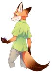  2020 anthro black_nose blush bodily_fluids canid canine dipstick_ears dipstick_tail disney dogear218 fox fur gloves_(marking) holding_object inner_ear_fluff looking_at_viewer looking_back mammal markings multicolored_ears multicolored_tail nick_wilde orange_body orange_fur red_fox simple_background solo sweat sweatdrop tuft white_background zootopia 