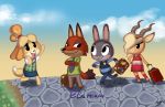  2016 animal_crossing antelope anthro bottomwear bovid calmoray canid canine canis clothed clothing cloud crossover disney domestic_dog fox fully_clothed gazelle gazelle_(zootopia) group horn isabelle_(animal_crossing) judy_hopps lagomorph leporid luggage mammal necktie nick_wilde nintendo outside pants rabbit red_fox shih_tzu shirt sky style_parody topwear toy_dog video_games zootopia 