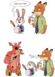  ... 2019 ? animatronic anthro brown_body brown_fur buckteeth canid canine carrot_pen clothed clothing derek121art dialogue disney drinking ears_down ears_up english_text five_nights_at_freddy&#039;s fox foxy_(fnaf) fur group holding_cup holding_object judy_hopps lagomorph leporid looking_at_another machine mammal necktie nick_wilde pivoted_ears rabbit red_fox robot shirt speech_bubble spit-take straw teeth text topwear video_games zootopia 