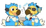  animal_crossing avian bird blush columbid cup dodo doughnut eating eyewear food hyaku_(artist) japanese_text male necktie nintendo orville_(animal_crossing) sitting slightly_chubby smile sunglasses text video_games wilbur_(animal_crossing) 