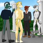  1:1 ankle_cuffs anthro barefoot bovid bovine cattle clothed clothing collar dragon equid equine fully_clothed fuze group hi_res horse loincloth male mammal outside scalie shackles topless underwear_only 