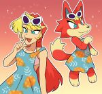  3_fingers 3_toes alternate_species animal_crossing anthro audie_(animal_crossing) blonde_hair blue_clothing blue_dress blue_eyes canid canine canis clothing dress ear_piercing ear_ring eyewear female fingers food fruit fur glasses gradient_background hair hi_res human humanized loveycloud mammal multicolored_body multicolored_fur multicolored_hair nintendo open_mouth orange_body orange_fur orange_hair piercing pineapple plant simple_background solo sparkles sundress tan_body tan_fur toes two_tone_body two_tone_fur two_tone_hair video_games wolf 