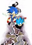  2019 anthro black_eyes blue_body blue_fur classic_sonic classic_sonic_(universe) clock clothing duo eulipotyphlan falling footwear fur gloves green_eyes handwear hedgehog hi_res male mammal mennnntaiko open_mouth shoes simple_background sonic_the_hedgehog sonic_the_hedgehog_(series) square_crossover the_persistence_of_memory white_background 