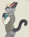  animal_crossing anthro blonde_hair book bottomless butt clothed clothing domestic_cat eyewear felid feline felis fur glasses grey_body grey_fur hair hi_res looking_at_viewer looking_back male mammal nintendo raymond_(animal_crossing) solo topwear vest video_games yewonlee1999 