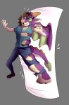  2019 anthro body_pillow brown_hair clothing dakimakura_design dakimakura_pillow dragon female green_eyes hair hi_res horn human_to_anthro human_to_inanimate inanimate_transformation membrane_(anatomy) membranous_wings pillow purple_body reddishmaroon simple_background smile solo species_transformation surprise torn_clothing transformation wings 