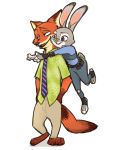  2016 aloha_shirt anthro barefoot bottomwear canid canine clothed clothing dipstick_ears dipstick_tail disney duo fox fully_clothed fur half-closed_eyes hands_in_pockets judy_hopps lagomorph leporid mammal mortic_ox multicolored_ears multicolored_tail narrowed_eyes necktie nick_wilde open_mouth open_smile orange_body orange_fur pants pockets police_uniform rabbit red_fox scut_tail shirt simple_background size_difference smile standing topwear uniform white_background zootopia 