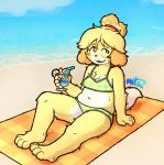  alcohol animal_crossing anthro beach beach_towel belly beverage bikini blonde_hair canid canine canis clothing cloud cocktail domestic_dog female floppy_ears fluffy fluffy_tail fur green_clothing green_swimwear hair isabelle_(animal_crossing) leaning leaning_back looking_aside looking_away mammal motsutambo multicolored_body multicolored_fur multicolored_tail navel nintendo paws relaxing sand seaside smile solo straw swimwear tied_hair toes video_games water wave yellow_body yellow_fur 
