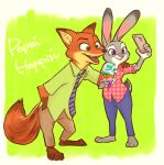  2016 anthro border bottomwear canid canine cellphone clothed clothing dessert disney duo food fox fully_clothed fur green_background holding_cellphone holding_food holding_object holding_phone ice_cream judy_hopps lagomorph leporid mammal mortic_ox necktie nick_wilde open_mouth open_smile orange_body orange_fur pants phone rabbit red_fox selfie shirt simple_background smile topwear white_border zootopia 