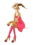 2016 antelope anthro blonde_hair bovid clothed clothing disney dress female footwear gazelle gazelle_(zootopia) hair high_heels horn looking_at_viewer mammal mortic_ox shoes simple_background sitting smile solo white_background zootopia 