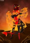  absurd_res anthro bioluminescence black_body breasts female fire fish glowing hair hi_res icebounde looking_at_viewer marine monster multi_eye navel red_body red_hair sfw_nudity shark signature smoke solo standing 