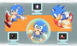  2020 anthro black_eyes blue_body blue_fur classic_sonic classic_sonic_(universe) clothing eulipotyphlan footwear fur gloves grin handwear hedgehog hi_res male mammal mennnntaiko monitor open_mouth running shoes smile solo sonic_the_hedgehog sonic_the_hedgehog_(series) sparkles 