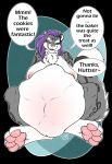  anthro belly big_belly big_breasts blizzie_(touchofsnow) breasts dialogue english_text felid female female_pred hair hi_res licking licking_lips mammal nipples nude oral_vore pantherine paws purple_hair snow_leopard solo_focus teasing text tongue tongue_out touchofsnow vore 