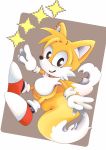  2019 2_tails anthro black_eyes canid canine classic_sonic_(universe) classic_tails clothing dipstick_tail footwear fox fur gloves handwear hi_res male mammal mennnntaiko miles_prower multi_tail multicolored_tail shoes simple_background smile solo sonic_the_hedgehog_(series) sparkles white_body white_fur yellow_body yellow_fur 
