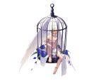  2020 angel blonde_hair cage ear_piercing feathered_wings feathers flower hair halo humanoid male mosilll nipple_piercing nipples not_furry nude pecs piercing plant red_eyes scar simple_background solo tattoo white_background wings 