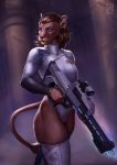  2020 anthro blue_eyes brown_hair clothed clothing digital_media_(artwork) ear_piercing eyebrows eyelashes felid female hair hi_res holding_gun holding_object holding_weapon lion mammal moon-s pantherine piercing solo weapon 