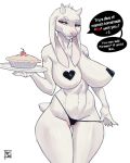  2020 5_fingers anthro big_breasts boss_monster bovid breasts caprine clothed clothing dialogue english_text female fingers food fur goat horn mammal mature_female pasties pie red_eyes reptilian_orbit simple_background skimpy solo standing text toriel undertale video_games white_background white_body white_fur wide_hips 