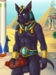  animal_genitalia animal_penis anthro anubis balls big_penis canid canine canine_penis canis clothing deity egyptian egyptian_clothing egyptian_mythology erection genitals hi_res jackal knot male mammal middle_eastern_mythology mythology penis rakete solo 