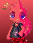  2020 animal_crossing anthro black_clothing black_shirt black_t-shirt black_topwear blue_eyes bottomwear chameleon choker clothed clothing contimplatininspiratio digital_media_(artwork) flick_(animal_crossing) half-closed_eyes hi_res horn jewelry lizard looking_at_viewer male narrowed_eyes necklace nintendo pants piercing red_body red_bottomwear red_clothing red_pants red_scales red_tail reptile scales scalie shirt simple_background solo solo/male standing striped_tail stripes t-shirt topwear video_games 