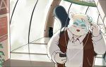  2020 anthro clothing detailed_background eyes_closed fur humanoid_hands kemono male mammal morian_xs phone shirt slightly_chubby solo topwear white_body white_fur 