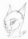  anthro black_and_white domestic_cat felid feline felis female half-closed_eyes looking_at_viewer mammal monochrome narrowed_eyes open_mouth signature simple_background simple_nose sketch smile solo thefishe77 