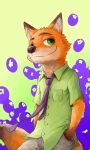  2016 3:5 anthro black_nose bottomwear canid canine cheek_tuft clothed clothing dipstick_tail disney facial_tuft fox fully_clothed green_eyes hands_in_pockets hi_res inner_ear_fluff kingautumn male mammal multicolored_tail neck_tuft necktie nick_wilde pants pockets red_fox shirt smile solo topwear tuft zootopia 