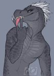  anthro cunnilingus_gesture dinosaur elaismurnhem_afarman feathers gesture green_eyes grey_body grey_scales hi_res idoodle2draw male reptile scales scalie simple_background solo suggestive suggestive_gesture white_body white_feathers 