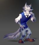  2020 anthro arm_tuft beastars black_nose bodily_fluids canid canine canis cheek_tuft clothed clothing elbow_tufts facial_tuft footwear fully_clothed fur grey_background grey_body grey_fur hi_res legoshi_(beastars) male mammal neck_tuft ruffu shoes simple_background solo standing sweat sweatdrop tuft wolf 