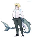  alpha_channel anthro blonde_hair clothing fin fish gills great_white_shark green_eyes hair hi_res hoodie lamnid lamniform male manly marine shark smaller_version_at_source smile solo tail_fin topwear tragicfame zachary_vincent 