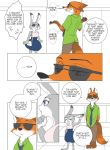  2016 ? bottomwear canid canine clothed clothing comic cross-popping_vein dialogue disney edit english_text female fox fully_clothed hard_translated hi_res judy_hopps lagomorph leporid male mammal necktie nick_wilde pants puki rabbit red_fox shirt skirt speech_bubble text thought_bubble topwear translated vein zootopia 