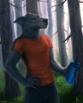  2020 5_fingers anthro aurru black_body black_fur black_nose brown_eyes canid canine canis clothed clothing day detailed_background digital_media_(artwork) domestic_dog fingers forest fur grass male mammal outside solo tree 