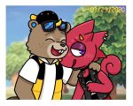  5:4 animal_crossing anthro beaver blush buckteeth c.j._(animal_crossing) chameleon choker clothing duo eyewear flick_(animal_crossing) goth hat headgear headwear hi_res horn hug j4mble5 jewelry lizard male male/male mammal necklace nintendo photographing reptile rodent scalie sunglasses teeth video_games 