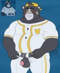  2020 anthro balls baseball_(sport) baseball_uniform belly black_body black_fur blush bottomwear brand_new_animal clothing flaccid fur genitals gorrizz hi_res humanoid_genitalia humanoid_hands humanoid_penis male mammal overweight overweight_male pants penis pubes shirt simple_background solo sport sportswear studio_trigger topwear uniform ursid 