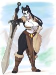  &lt;3 2019 4_toes 5_fingers anthro armlet armor belt big_breasts black_hair blue_eyes breasts cleavage clothed clothing digital_media_(artwork) female fingers fist giant_panda hair hi_res holding_object holding_weapon huge_breasts lei_(skecchiart) loincloth long_hair looking_aside mammal melee_weapon midriff navel signature simple_background skecchiart sky solo standing sword thick_thighs toeless_footwear toeless_legwear toes ursid vambraces weapon white_hair wide_hips 