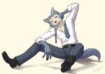  5_fingers anthro beastars belt bottomwear canid canine canis chest_tuft clothed clothing dress_shirt facial_tuft fingers footwear hand_behind_head hi_res inner_ear_fluff jeans legoshi_(beastars) looking_aside male mammal necktie pants scar shirt shoes signature simple_background sitting skecchiart solo tan_background topwear tuft unbuttoned_shirt wolf 