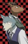  absurd_res alios anthro antlers beastars canid canine canis cervid checkered_background clothed clothing duo fur grey_necktie hi_res horn inner_ear_fluff legoshi_(beastars) looking_at_viewer louis_(beastars) mammal monotone_body monotone_ears monotone_fur necktie pattern_background q14658091 simple_background topwear tuft white_clothing wolf 