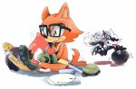  2019 amber_eyes anthro bag black_body black_fur brush canid canine canis cleaning clothing custom_character_(sonic_forces) dipstick_tail duo eyewear footwear fur glasses gloves handwear happy hi_res holding_object holding_weapon infinite_(sonic) jackal male mammal mask mennnntaiko multicolored_tail red_body red_fur shoes simple_background sitting smile sonic_forces sonic_the_hedgehog_(series) sparkles tailwag weapon white_background white_body white_fur wispon wolf 