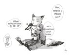  ... 4:3 alternate_version_at_source anthro belt canid canine clothed clothing dialogue dipstick_ears disney dot_eyes duo eating edit english_text food fox fully_clothed fur hard_translated hi_res holding_food holding_object judy_hopps lagomorph leporid mammal monochrome multicolored_ears nick_wilde noko_ume rabbit red_fox simple_background sitting text translated white_background zootopia 