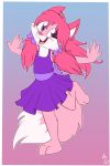  2:3 anthro belly canid canine clothing dipstick_tail dress female fox fuf fur gradient_background hair hi_res mammal multicolored_tail pink_body pink_fur pink_hair purple_clothing purple_dress purple_eyes simple_background solo white_belly young 