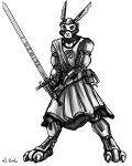  2020 4:5 android anthro armor belt belt_pouch clothed clothing coin crystal digital_drawing_(artwork) digital_media_(artwork) eye_scar fighting_pose fully_clothed hi_res justice_(miwauturu) lagomorph leporid machine male mammal melee_weapon monochrome pose rabbit robot sash scar serious simple_background sketch solo standing star sword tabard tattoo thelivingshadow weapon wheel white_background 